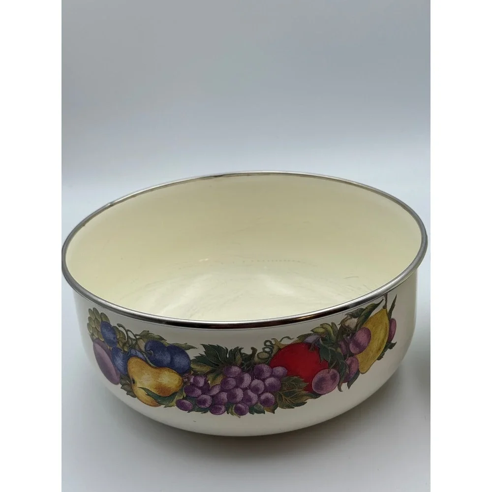 Vintage Cornucopia Enamel Nesting Mixing Bowls Set of 2 Fruit Pattern Cream 8.5